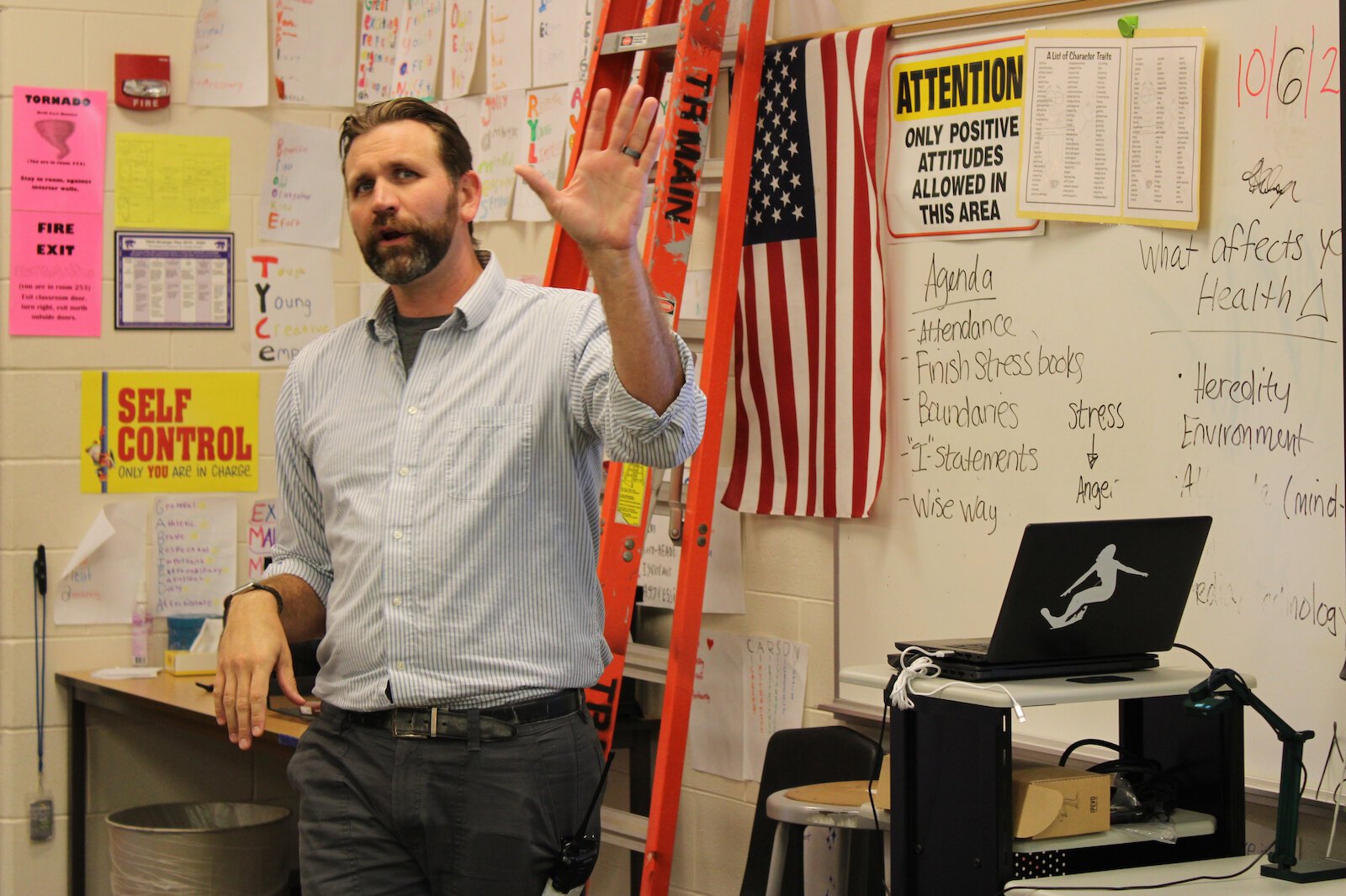 Three Rivers Middle School Guidance Counselor Aaron Hess teaches a sixth-grade class about coping skills during a TRAILS lesson. 