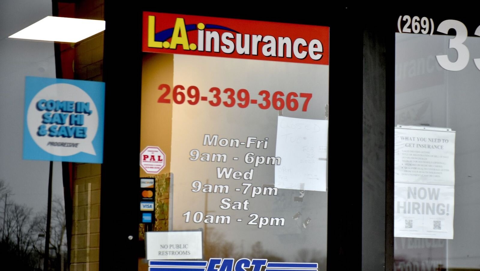 A help wanted sign at LA Insurance on Beckley Road.  