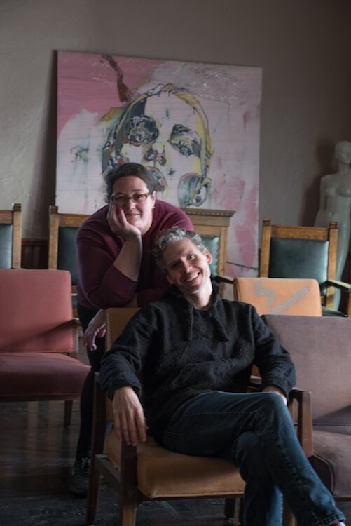 Dormouse Theatre Troupe members Stephen Dupuie and Adrienne Waller are shown recently inside the church building that is being renovated for use as their home/theater.