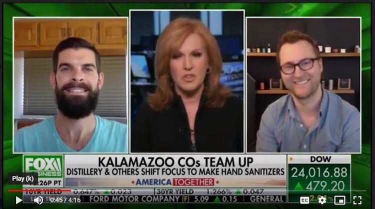 Green Door Distilling Co. Founder Josh Cook, left, appears on a nationally broadcast business segment on Fox News with Jarrett Blackmon, right, co-founder of Damn Handsome Grooming Co. The Kalamazoo entrepreneurs have been friends for about five year