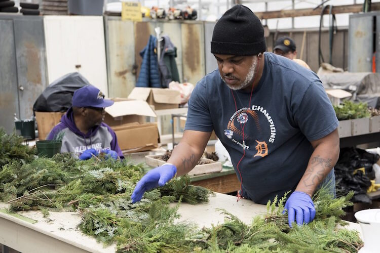 Veterans at the VA Medical Center in Battle Creek participating in vocational rehabilitation assigned to the greenhouse, along with volunteers, work tirelessly cultivating the plants and flowers for the spring and hand crafting the holiday wreaths.