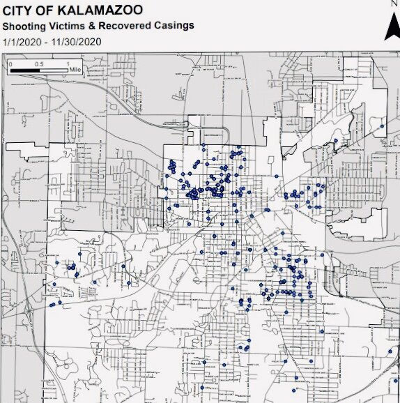 Shootings and locations of gun shell casings in Kalamazoo in 2020
