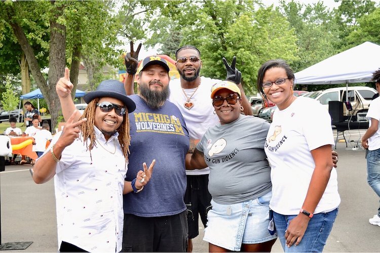 Peace During War's Michael Wilder (left), with others who are involved in gun violence intervention work: Kalamazoo City Commissioner Estevan Juarez, BLOCKS Club's Sammy Graves, Gwendolyn Hooker of H.O.P.E., and Charlae Davis of ISAAC.