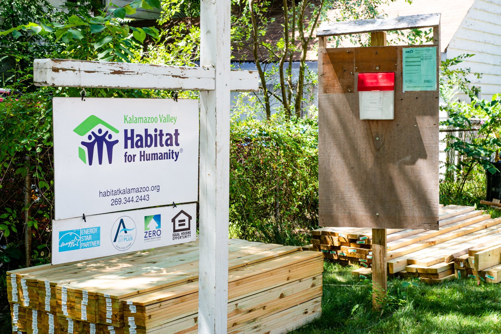A Habitat for Humanity sign lets people know who is working on the construction underway at 625 Gayle in Kalamazoo's Eastside neighborhood. 
