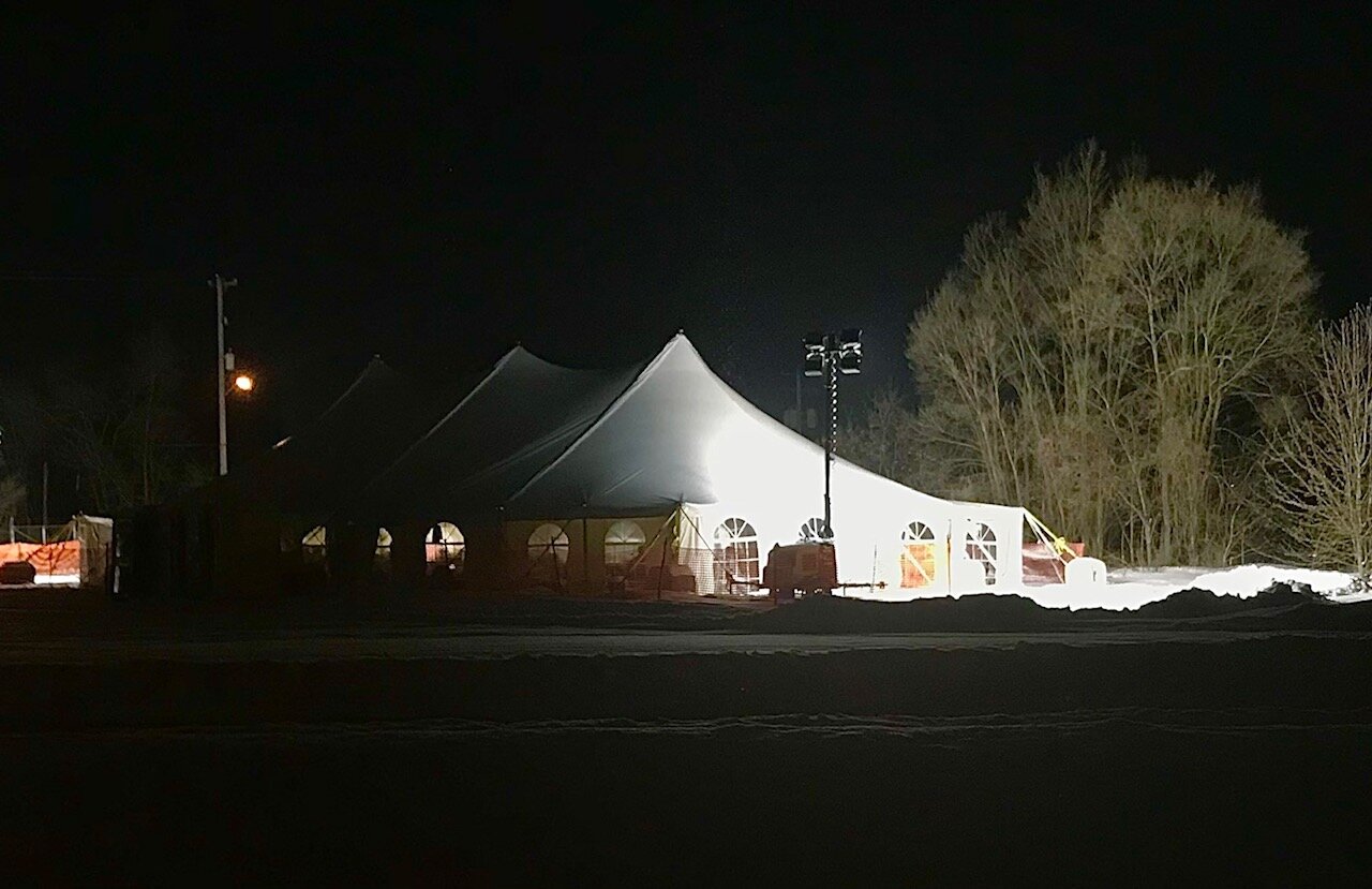 This large tent that served as a temporary warming center for the homeless adjacent to an encampment of several dozen homeless people near Mills Street, just east of downtown Kalamazoo has been removed as temperatures rise.