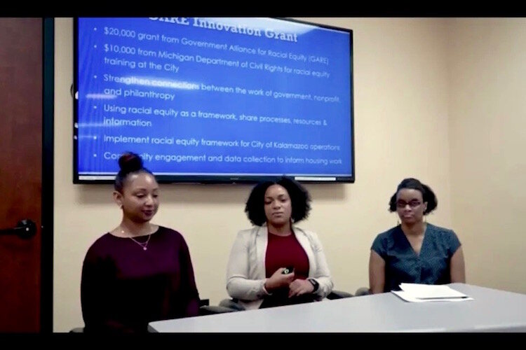 Input sessions to let people know about Kalamazoo's Fair Housing Ordinance moved online when COVID-19 restrictions went into place. Vice Mayor Patrese Griffin, TRHT Director Sholanna Lews, and Dr. Chalae Davis led the sessions.