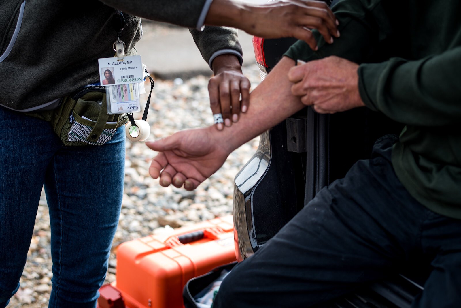 To study feasibility and to provide care, WMed is launching a pilot program to provide telehealth care to local children with no access to clinics or needed specialists. Street Med providers are seen here helping adults in November 2022.