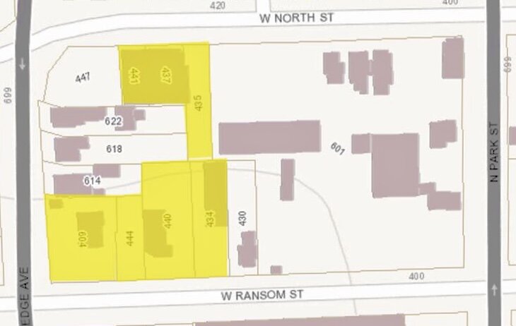 NACD acquired the land (shown in yellow) between North Street and Ransom Street, just east of Westnedge Avenue. It plans to build four single-family houses on vacant property on the southern parcels, along Ransom.