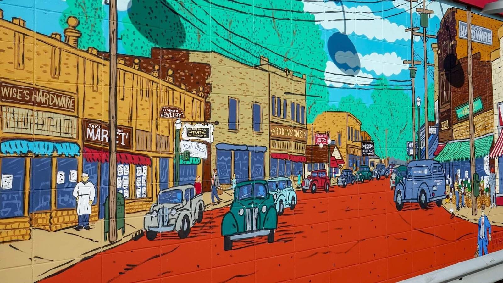 Part of the Washington Square area of the Edison Neighborhood can be seen in this portion of a mural by Edison resident and local artist Patrick Hershberger.