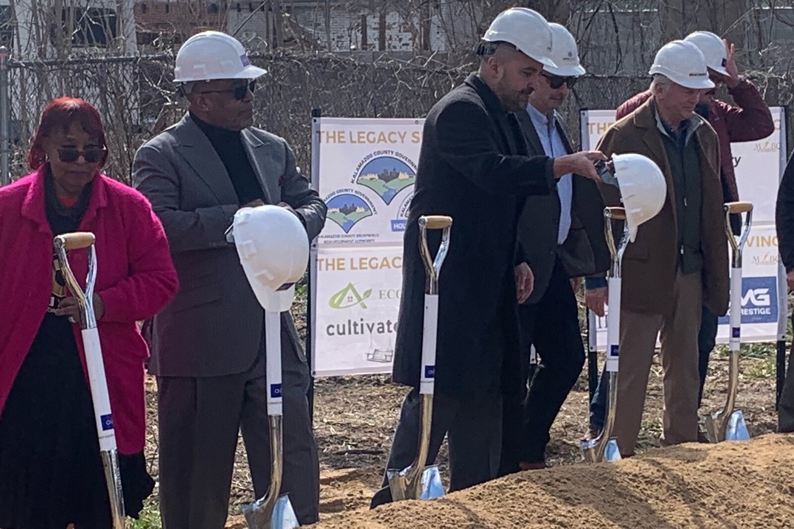 Pastor Addis Moore stands near project developer Jason Muniz at the Wednesday, March 26, 2025 groundbreaking ceremony for Mt.Zion Baptist Church's Legacy Senior Living project in the 100 block of East Frank Street in the Northside Neighborhood.