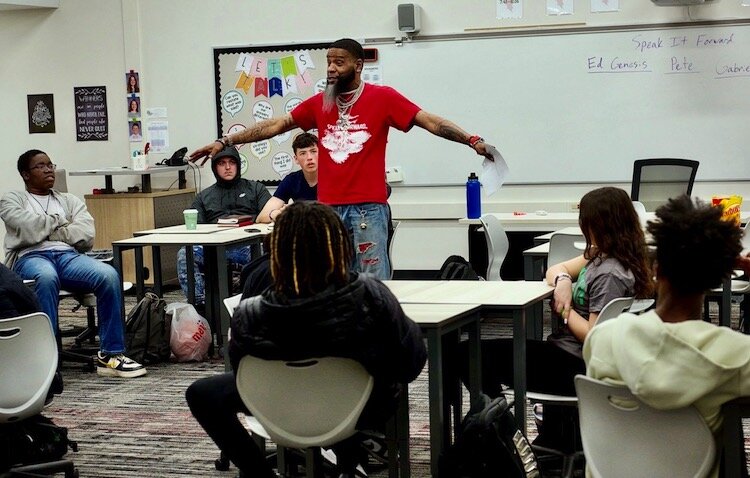 Ed Genesis, of Speak It Forward, talks about the power of storytelling during a post-performance breakout session at Kentwood High School in April of 2024.