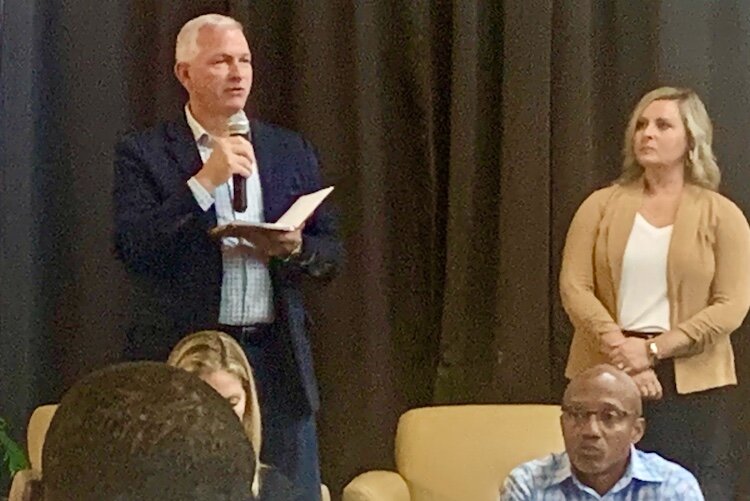 Todd McDonald of CSM Groups, left, and Stephanie Farrell of Greenleaf Hospitality Group, talk on Oct. 15, about the planned Kalamazoo Event Center.