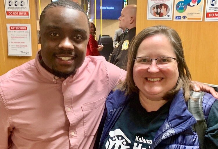 Entrepreneur Jamauri Bogan, left, and Margy Belchak, of Kalamazoo Valley Habitat for Humanity, were among representatives of housing projects to attend the April 5, 2022 meeting of the Kalamazoo County Board of Commissioners.