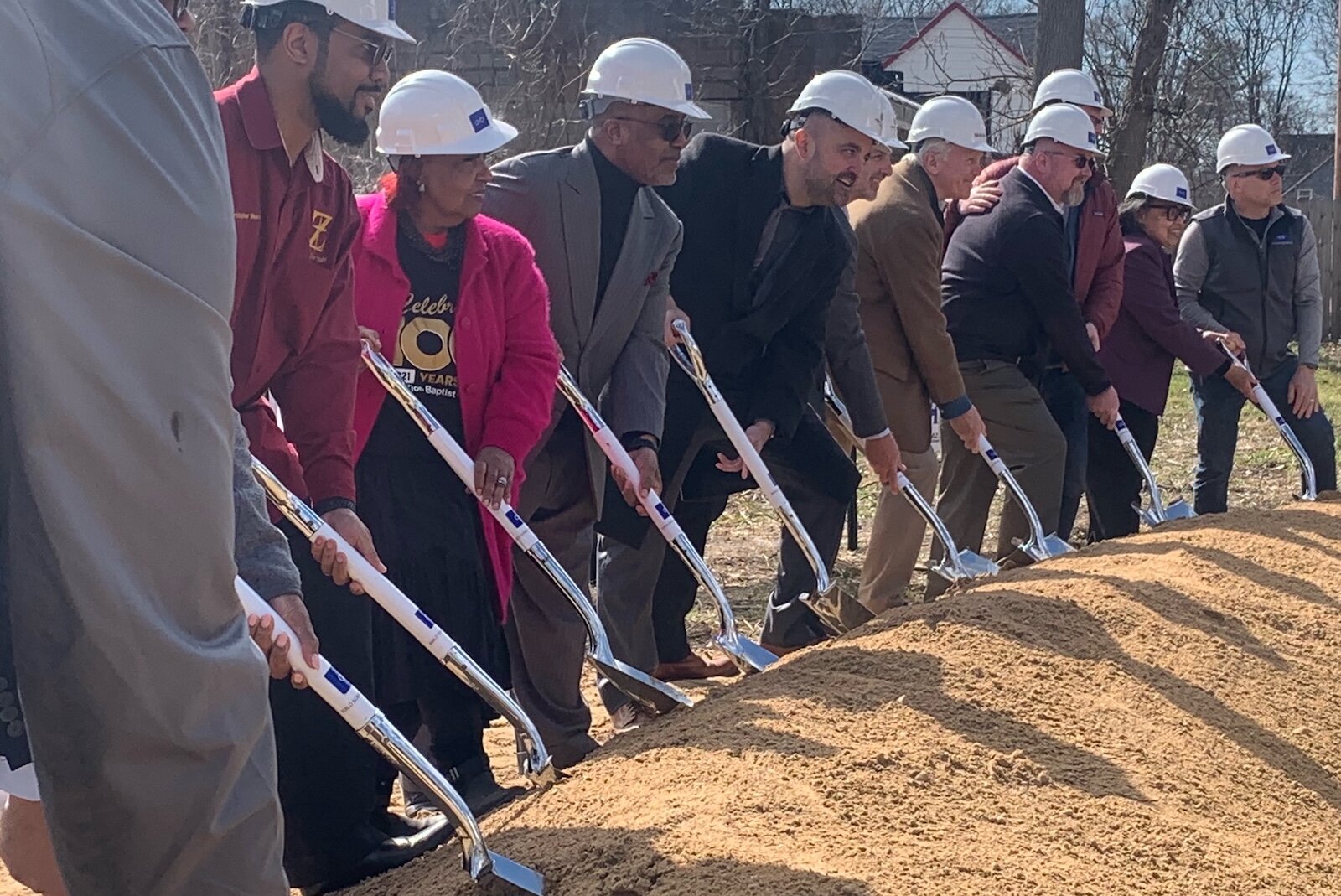 Among those turning the first shovels of dirt at Mt. Zion Baptist Church's Legacy Senior Living project are Rev. Christopher Moore, First Lady Gwendolyn Moore, Pastor Addis Moore, and Edison Community Partners Senior Developer Jason Muniz.