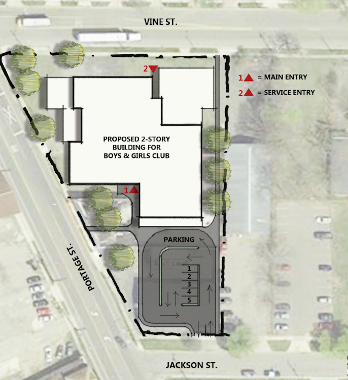 An artist’s rendering provides the layout of the location to be built for the Boys & Girls Clubs of Greater Kalamazoo at Portage and Vine streets just south of downtown Kalamazoo.