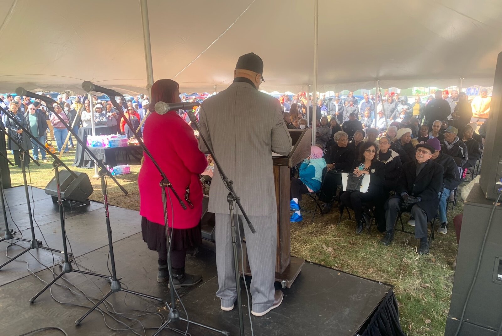 First Lady Gwendolyn Moore joins Pastor Addis Moore as he comments on the development of Mt. Zion Baptist Church's Senior Legacy Senior Living project on Wednesday, March 26, 2025.