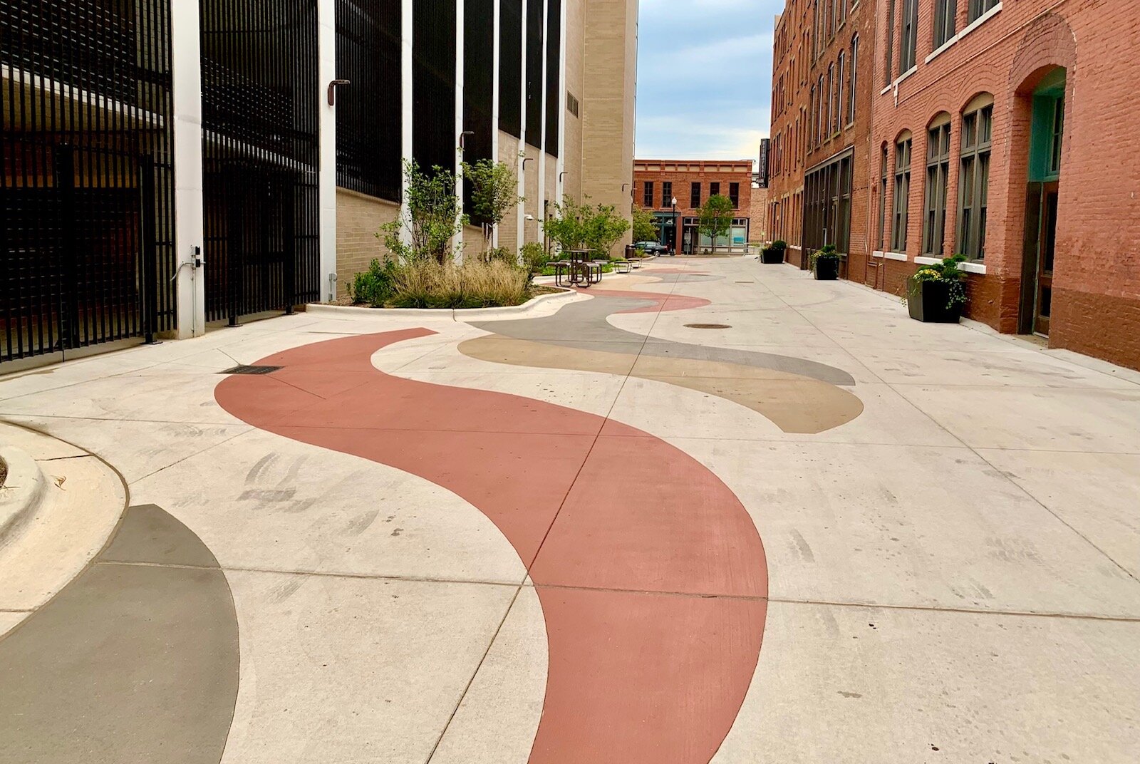 Haymarket Plaza in downtown Kalamazoo has a decorative pavement with a snowmelt system.  