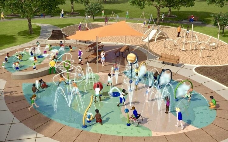A new splash pad in LaCrone Park is expected to be finished and opened this summer. An artist’s rendering is shown here.