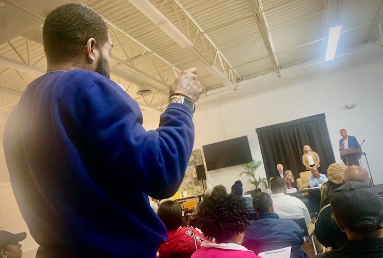 Residents of the Northside neighborhood hear plans and ask questions about the proposed Kalamazoo Event Center on Tuesday, Oct. 15, 2024.