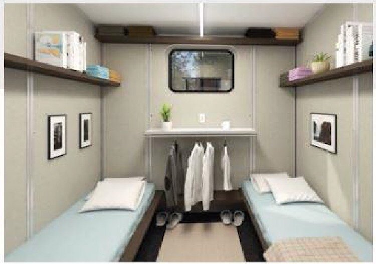 This is a look at the interior of a two-person ModPod modular housing unit.
