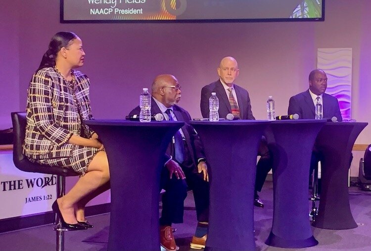 Among community leaders participating in a panel discussion on gun violence on Tuesday, May 30, 2024 were, from left: Family Health Center CEO, Denise Crawford: Whitley Memorial Funeral Home Director Timothy Ezell: Ascension Borgess CEO Dr. Dean Kind