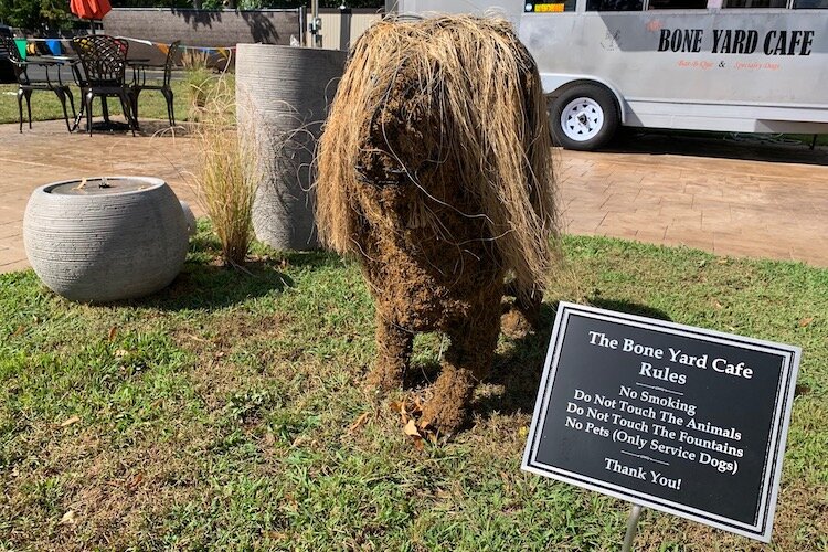 Bone Yard Café has several animal-shaped topiaries in the sitting area outside.