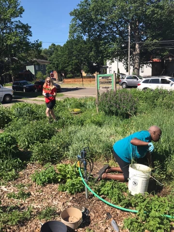 Members of Action in The Neighborhood work to beautify a greenspace as part of Building Blocks of Kalamazoo.