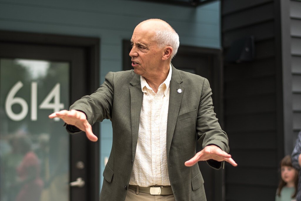 Mayor Anderson makes a point during the Tuesday, June 25, 2024 opening of Eastside Square Condominiums.