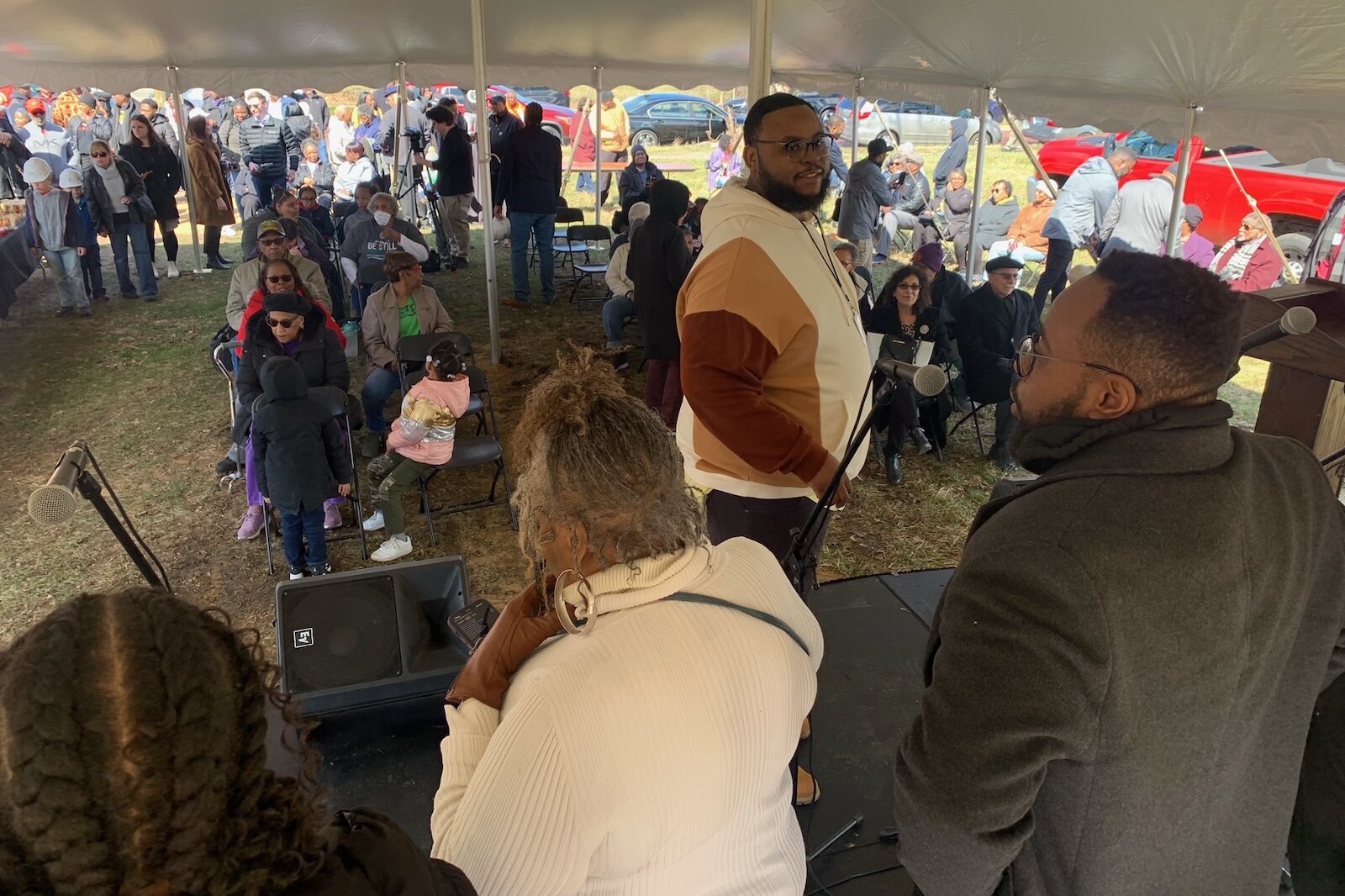 Sheldon Turner, center, prepares to lead Mt. Zion Batptist Church's Praise Team at the Wednesday, March 26, 2025 groundbreaking ceremony for the church's new Legacy Senior Living project.