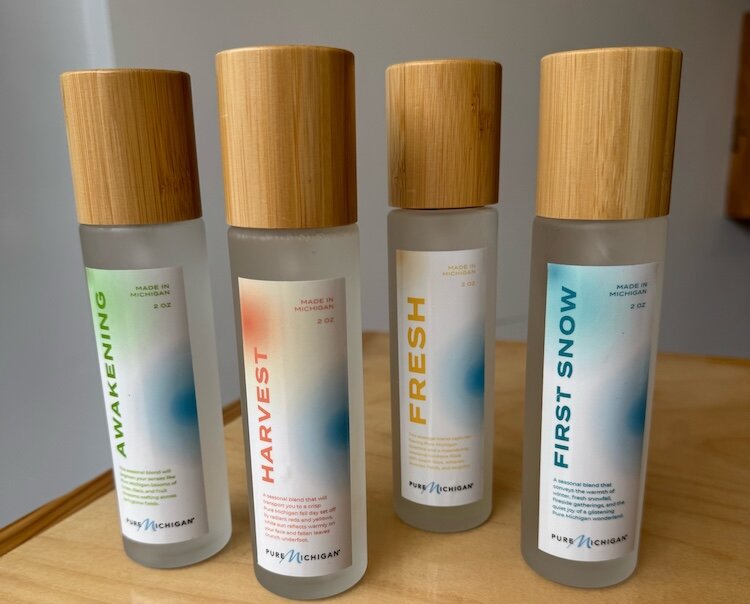 These are four seasonal scents crafted by The Aroma Labs for the state’s Pure Michigan campaign. From left, they represent Spring, Fall, Summer and Winter and can be sprayed as body mists, or to add fragrance to rooms or linens.