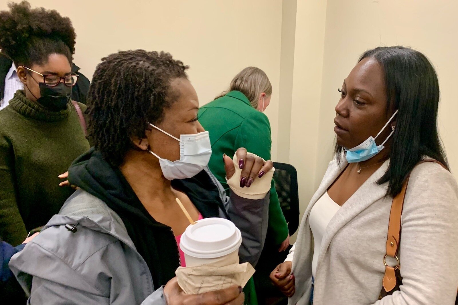 Tami Rey talks to supporters at the end of the Kalamazoo Election Commission meeting that was held early on Wednesday, May 4, 2022.