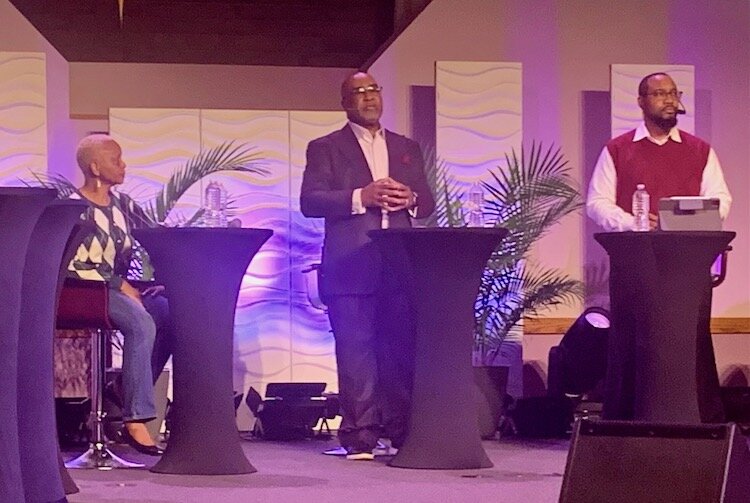 Community leaders participated Tuesday in a panel discussion on gun violence led by, from left: NAACP President Wendy Fields; Mount Zion Senior Pastor Rev. Addis Moore; and Mount Zion, Assistant Pastor Christopher Moore.