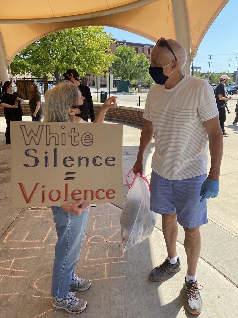 Community leaders were among those who turned out to protest the presense of the Proud Boys in Kalamazoo. Tobi Hanna-Davies and Mayor David Anderson at the band shelter at Arcadia Creek Festival Place