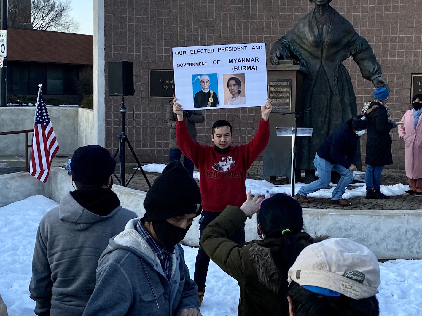 The base of the Sojourner Truth Monument drew hundreds of protestors. 