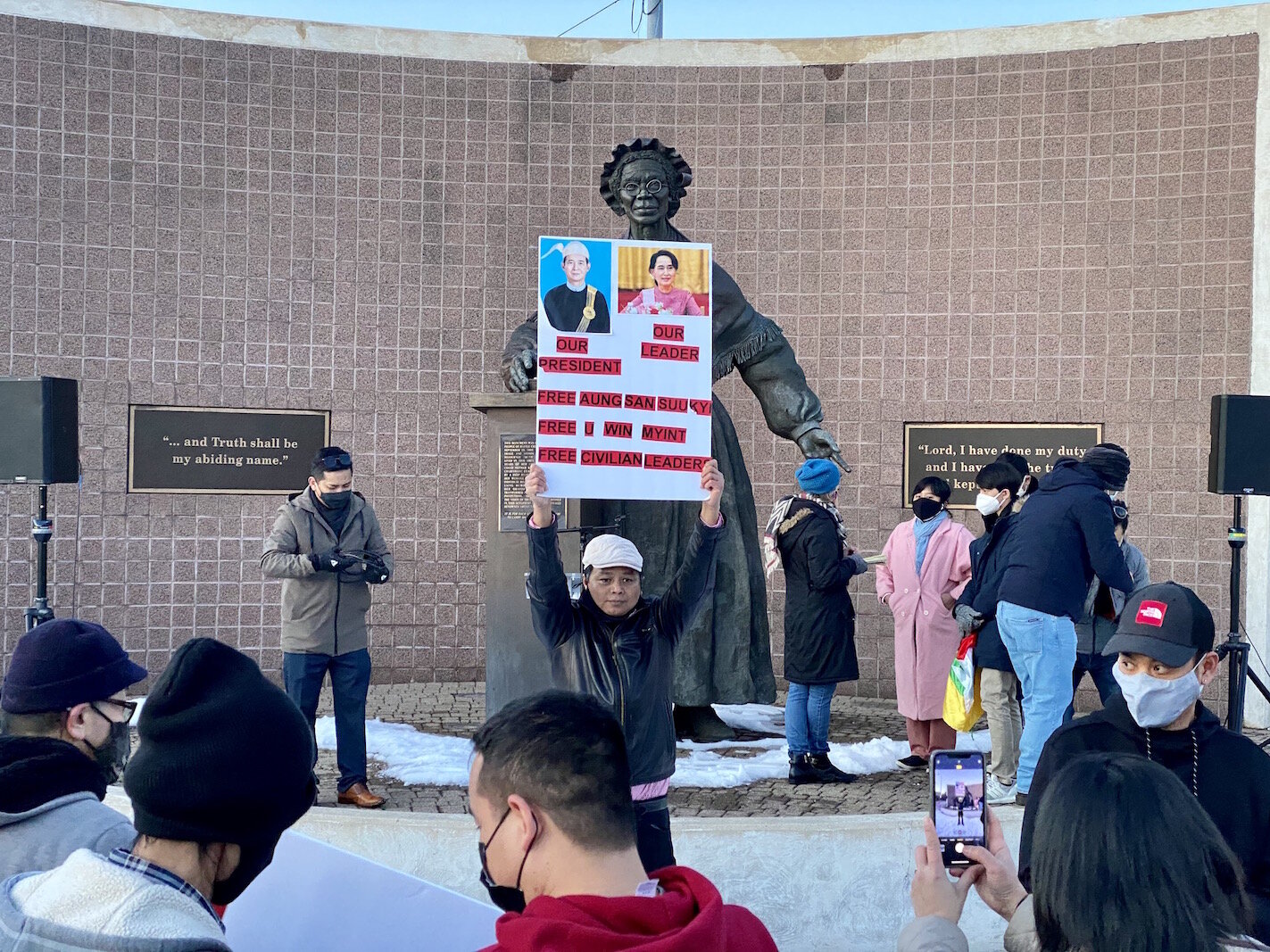 The base of the Sojourner Truth Monument drew hundreds of protestors. 