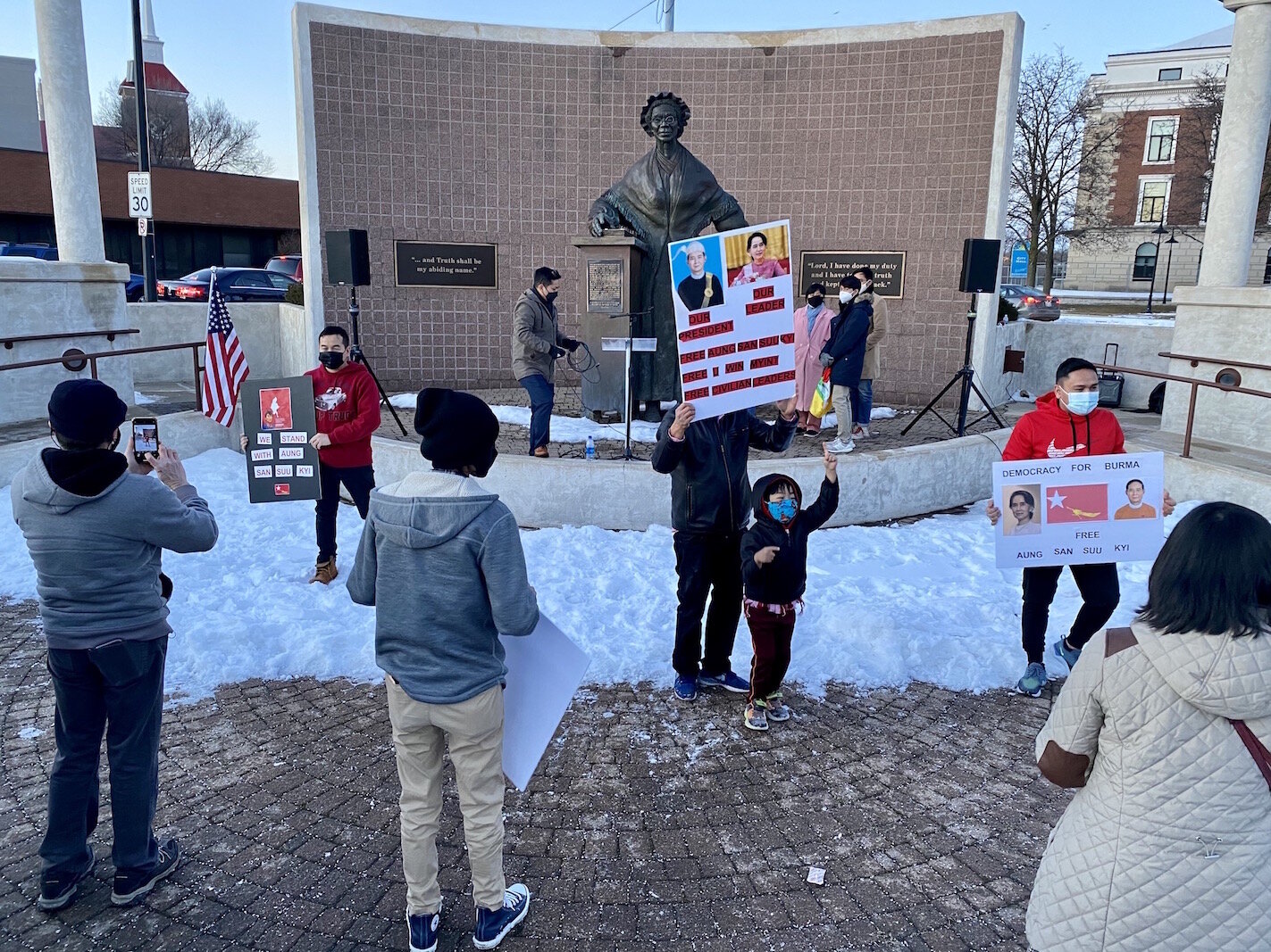 The base of the Sojourner Truth Monument drew hundreds of protestors. 