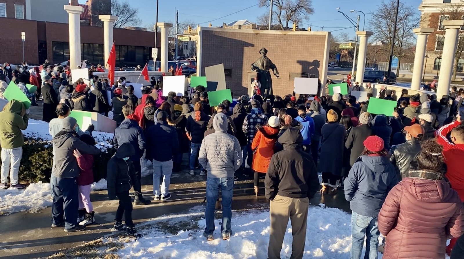 The base of the Sojourner Truth Monument drew hundreds of protestors. 