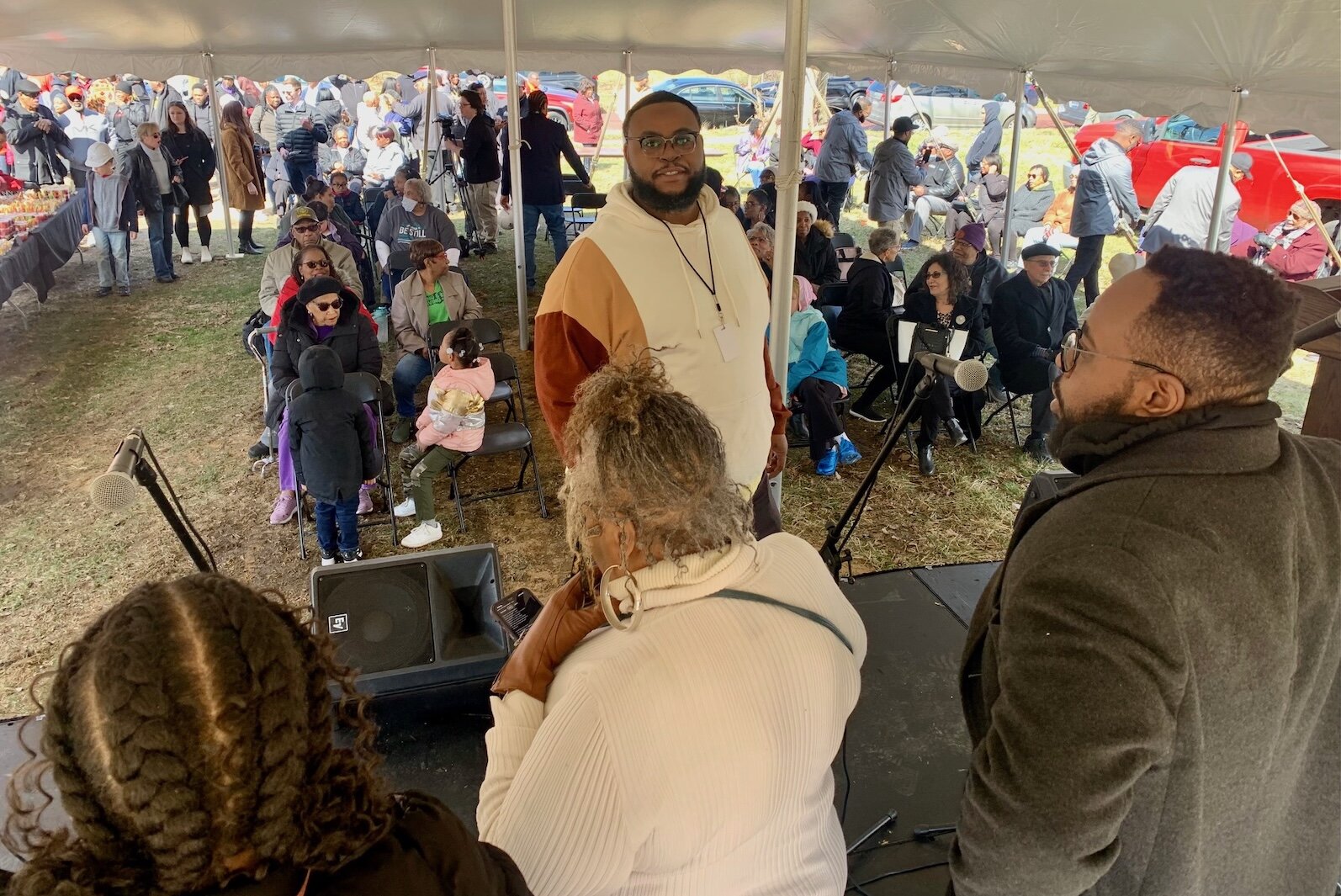 Sheldon Turner, center, prepares to lead Mt. Zion Baptist Church's Praise Team at the Wednesday, March 26, 2025 groundbreaking ceremony for the church's new Legacy Senior Living project.