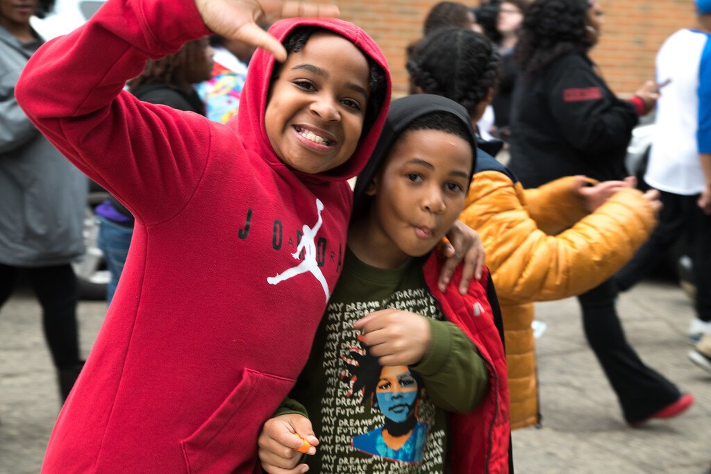 Two children smile and make faces as they participate in the Wednesday, April 30, 2025 Dominion Walk against gun violence.