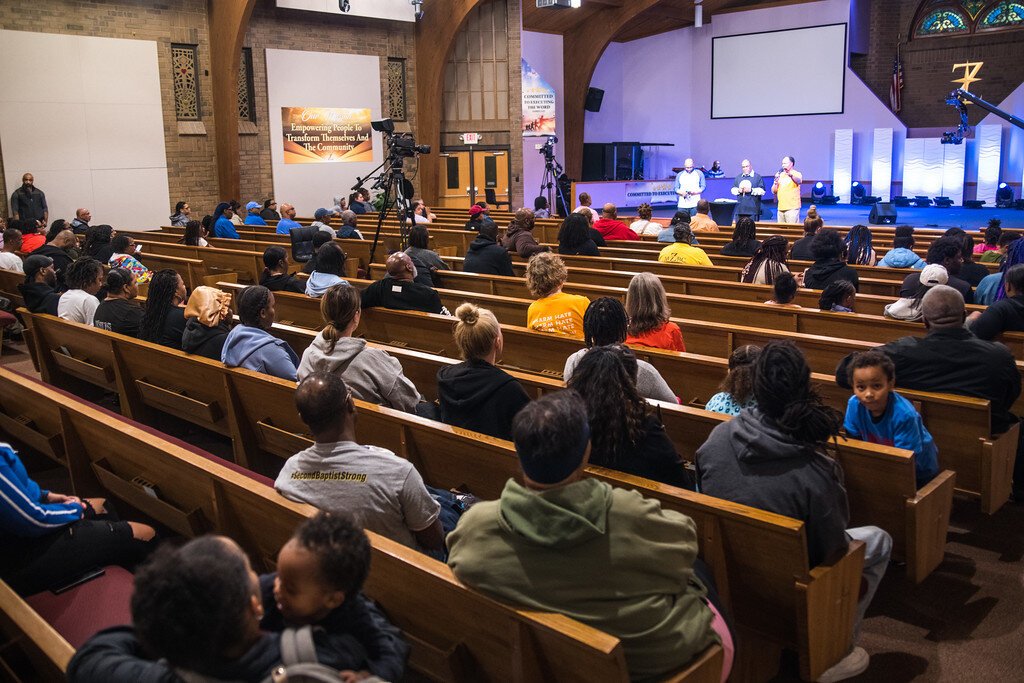 Rev. Chavez Marshall, Rev. Addis Moore, and Rev. Lenzy Bell inspire people inside Mt. Zion Baptist Church before the start of the Wednesday, April 30, 2025 Dominion Walk in Kalamazoo.