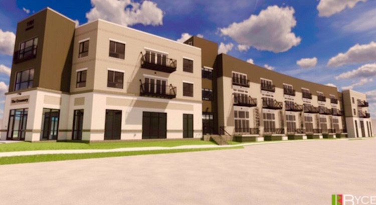 An artist’s rendering of The Creamery, the mixed-use development planned for Lake and Portage streets in Kalamazoo’s Edison Neighborhood, shows it as a wood-frame structure with facades that will be a mix of masonry and metal.