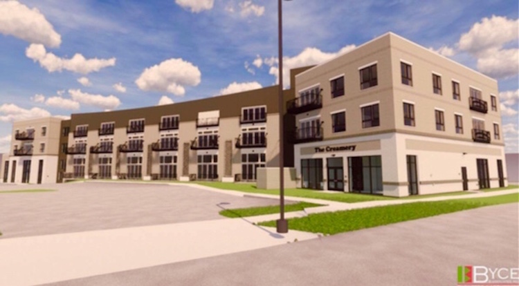 An artist’s rendering of The Creamery, the mixed-use development planned for Lake and Portage streets in Kalamazoo’s Edison Neighborhood, shows it as a wood-frame structure with facades that will be a mix of masonry and metal.