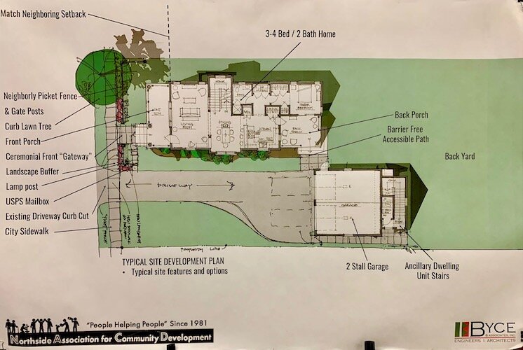 An artist’s rendering by Byce & Associates shows the floor plan of one of the houses that the Northside Association for Community wants to build over the next few years.