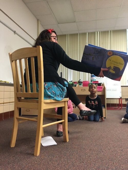 Reading together at kindergarten orientation at Greenwood Elementary School in 2020.