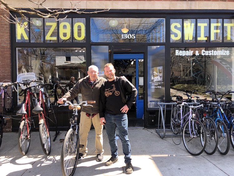 Ryan Barber (right), owner of Kzoo Swift, 1305 S. Westnedge Ave, enjoys seeing customers create relationships with their bikes.
