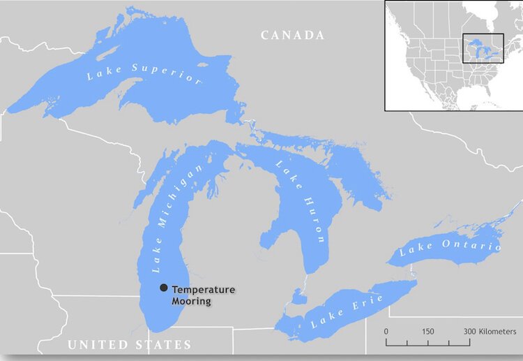 This map shows the location of NOAA GLERL’s deep-water temperature mooring in southern Lake Michigan.