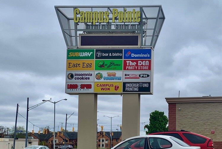 Among the key businesses at Campus Pointe Mall are The Den Party Store, Que Bueno Mexican Grill, and YBar & Bistro.