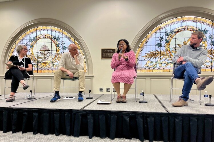 April's Kalamazoo Lyceum focused on 'Hope for the Community.' From L-R, Karen Trout, moderator, Mayor David Anderson, Dr. Kathy Purnell at the Human/Civil Rights Law Center, and Nathan Beacum, founder of the Lyceum Movement.