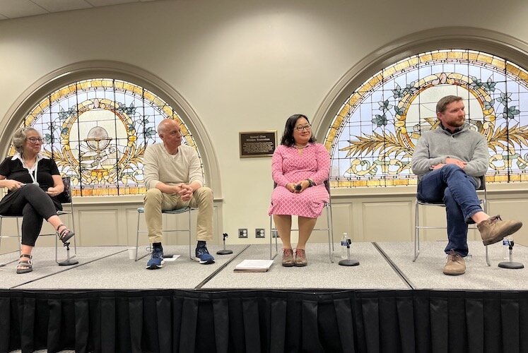 April's Kalamazoo Lyceum focused on 'Hope for the Community.' From L-R, Karen Trout, moderator, Mayor David Anderson, Dr. Kathy Purnell at the Human/Civil Rights Law Center, and Nathan Beacum, founder of the Lyceum Movement.