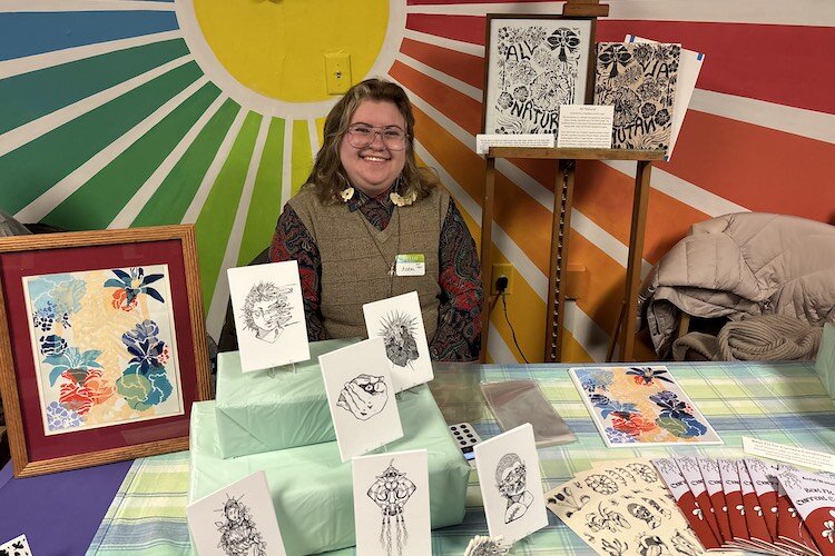 Azriel Wotton displays their lino cut and block printed work.